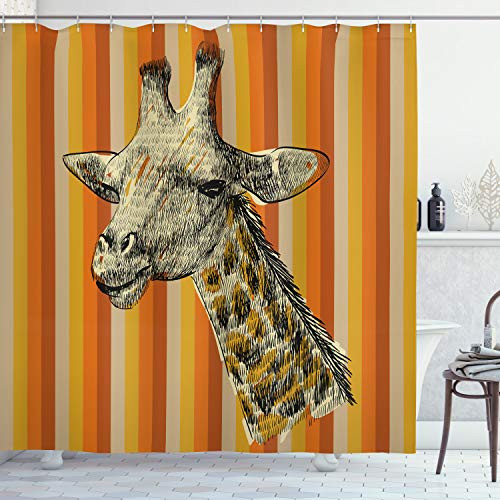 Ambesonne Giraffe Shower Curtain, Sketch Style Image Portrait of Hipster Animal Zoo Safari Wildlife Themed, Cloth Fabric Bathroom Decor Set with Hooks, 75" Long, Orange Beige