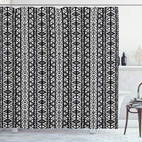 Ambesonne Retro Shower Curtain, Boho Pattern in Black and White with Western Native Effects Folk Design, Cloth Fabric Bathroom Decor Set with Hooks, 75" Long, Black Grey