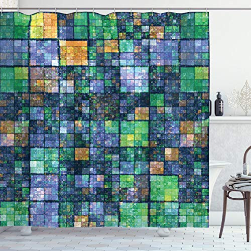Ambesonne Modern Shower Curtain, Mosaic Geometric Design with Rainbow Colors Patchwork Like Design Artwork, Cloth Fabric Bathroom Decor Set with Hooks, 70" Long, Yellow Green