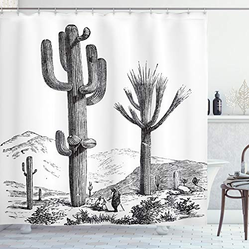 Ambesonne Cactus Shower Curtain, Sketchy Hand Drawn Print of Desert Plants with Mexican Travellers Image, Cloth Fabric Bathroom Decor Set with Hooks, 75" Long, Charcoal Grey