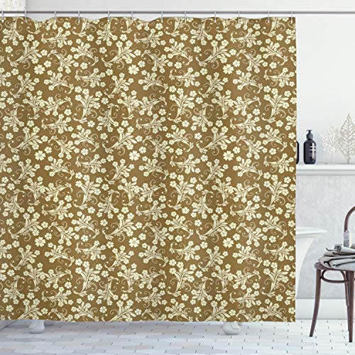 Ambesonne Floral Shower Curtain, Spring Season Inspired Baroque Style Flowers Leaves Art Design, Cloth Fabric Bathroom Decor Set with Hooks, 75" Long, Brown Caramel