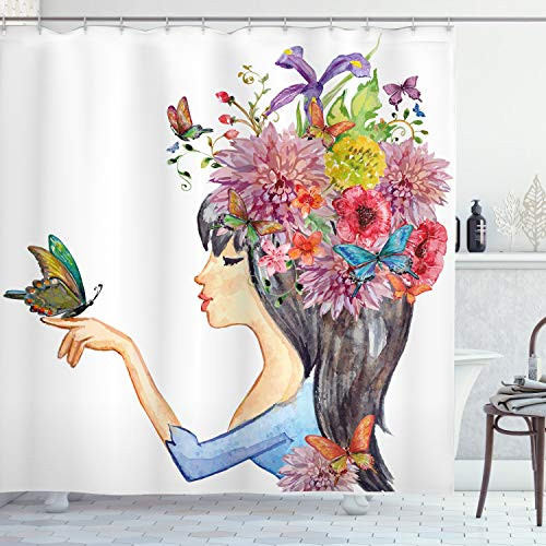 Ambesonne Floral Shower Curtain, Colorful Spring Flowers Leaves with a Long Haired Woman Butterfly Artwork Image, Cloth Fabric Bathroom Decor Set with Hooks, 70" Long, Beige Blue