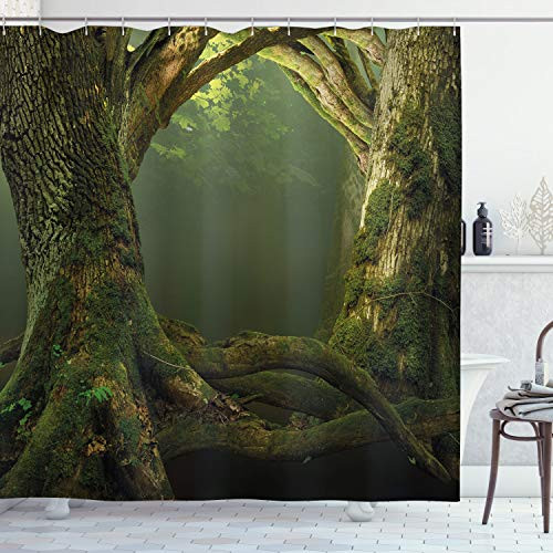 Ambesonne Nature Shower Curtain, Twiggy Old Tree Branches Growth Life Themed Forest Woodland Foggy Dark Misty Scene, Cloth Fabric Bathroom Decor Set with Hooks, 70" Long, Olive Green