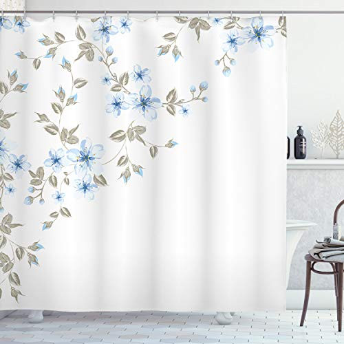 Ambesonne Pale Blue Shower Curtain, Japanese Sakura Cherry Tree Branches Fresh Serene Spring Nature, Cloth Fabric Bathroom Decor Set with Hooks, 70" Long, Blue Grey