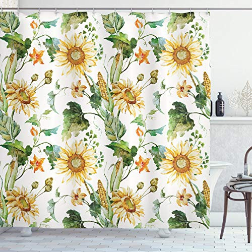 Ambesonne Sunflower Shower Curtain, Sunflower and Corn Pattern Agriculture Rural Plants Nature Closeup Classic Design, Cloth Fabric Bathroom Decor Set with Hooks, 84" Long Extra, Green Yellow