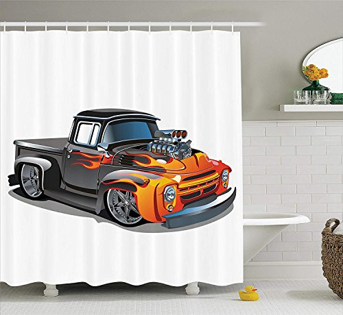 Ambesonne Manly Shower Curtain, Cartoon Hot-Rod Truck Antique Old Model Automobile Transport Nostalgia Illustration, Cloth Fabric Bathroom Decor Set with Hooks, 70" Long, Orange Black Ambesonne Manly Shower Curtain, Cartoon Hot-Rod Truck Antique Old Model Automobile Transport Nostalgia Illustration, Cloth Fabric Bathroom Decor Set with Hooks, 70" Long, Orange Black