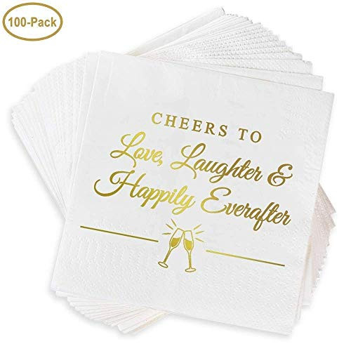 Napkins for Weddings, Rehearsal Dinners, More -"Cheers to Love, Laughter & Happily Ever After" Gold Lettered White Cocktail Napkins, 4.9 sq. in. Fancy Beverage Napkins & Decór by Bollepo (100)