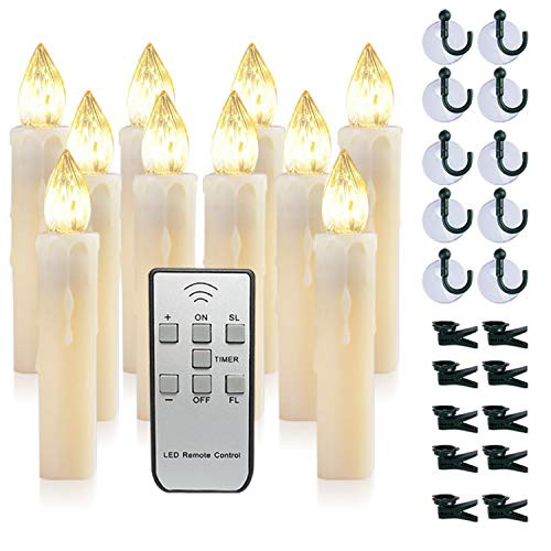 Raycare 10PCS LED Flameless Window Candles with Remote Timer, Flameless Taper Candles Light Battery Operated, Flickering Warm White Light with Clips/Suction Cups for Christmas Halloween