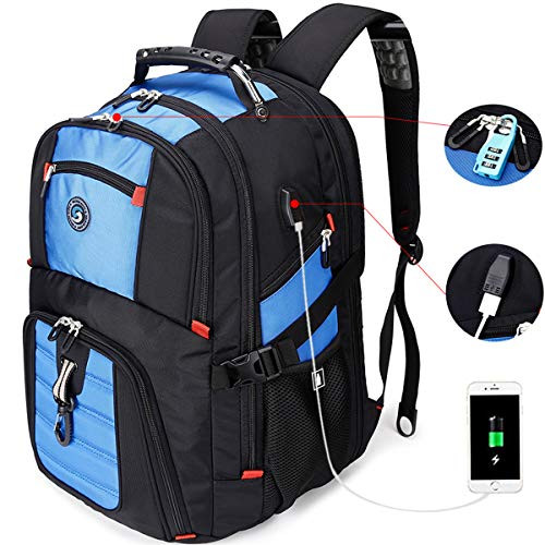 SHRRADOO Extra Large Durable 50L Travel Laptop Backpack School Backpack Travel Backpack College Bookbag with USB Charging Port fit 17 Inch Laptops for Men Women Including Lock Blue