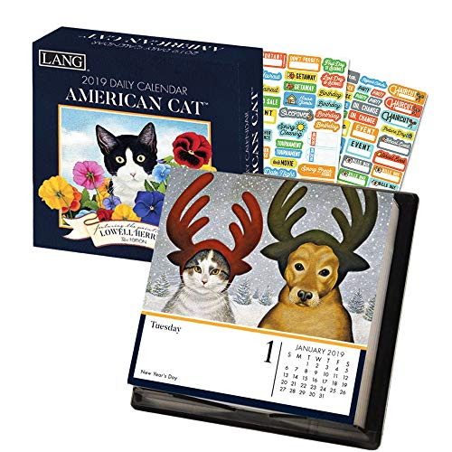 Lang American Cat Calendar 2019 Set - Deluxe 2019 Cat Calendar Page a Day Lang Lowell Herrero Cat Box Calendar Bundle with Over 100 Calendar Stickers (Lang Desk Calendar)