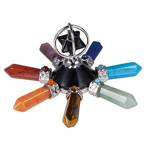 SUNYIK Handmade 7 Chakra Crystal Merkaba Star Pyramid Conical Energy Generator, Healing Reiki Crystal Point Hexagonal Prisms Seven Direction, Black Obsidian