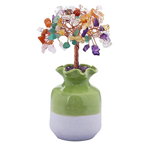 SUNYIK Natural Multicolor Crystal Money Tree, Green Ceramic Vase Base Bonsai Sculpture Figurine 4.5 Inch