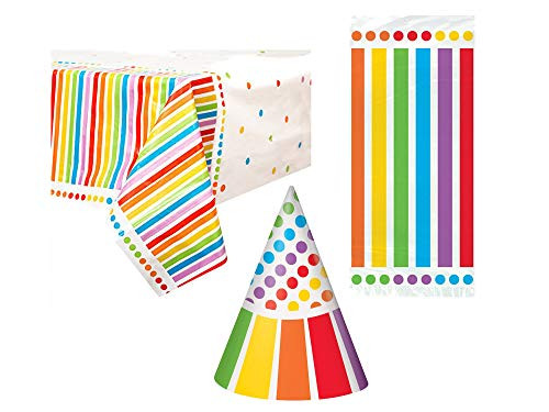 UNIQUE - Rainbow Party Plastic Tablecloth, 84" x 54" and Set of 20 Rainbow Party Cellophane Bags and Set of 8 Rainbow Party Hats bundled by Maven Gifts