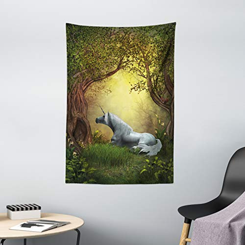 Ambesonne Unicorn Tapestry, Enchanted Forest Fantasy Willow Trees Wildflowers Woodland Animal Folklore, Wall Hanging for Bedroom Living Room Dorm Decor, 40" X 60", Green White