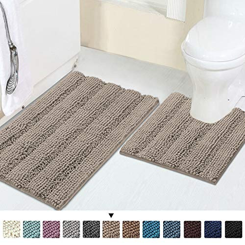 Chenille Bathroom Rugs Non Slip - Soft Plush Shaggy Bath Mats for Bathroom Floor Super Absorbent Washable Bath Mat Set, 32" x 20" Bath Rug + 20" x 20" Contour Shag Rug Set, Taupe