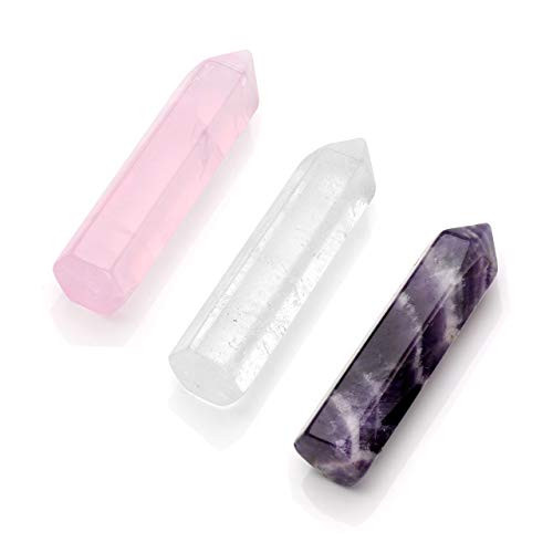 PESOENTH 3pcs 45mm Healing Crystal Wands - Clear Quartz Points Natural Amethyst Crystal Point Rose Quartz Faceted Prism Wand Carved Stone Figurine Meditation Therapy