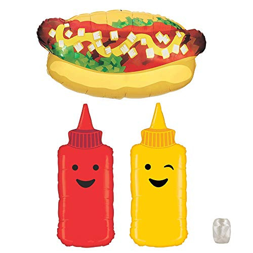 32" Hotdog Foil Mylar Balloon 35" Ketchup Bottle Mylar Foil Balloon & 35" Mustard Balloon Bundle