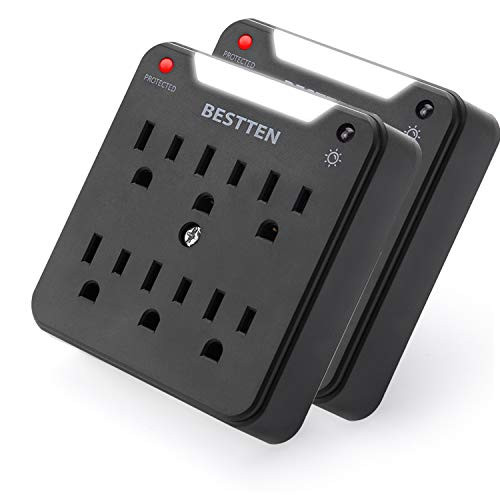 [2 Pack] BESTTEN 900-Joule Wall Mount Surge Protector, 6-Outlet Extender with Auto White LED Night Light, Dusk to Dawn Photocell Sensor, ETL Certified, Black
