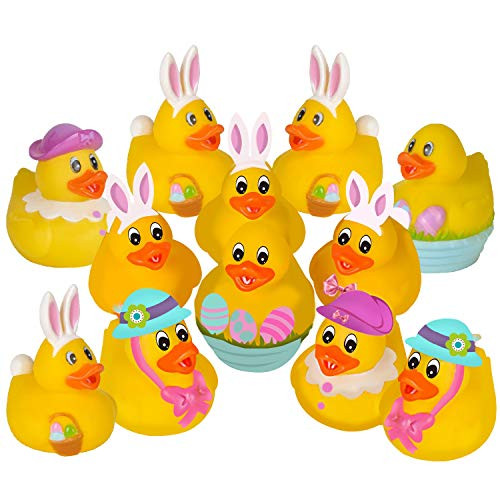 Vlish Easter Rubber Ducks  Pack of 12, Assorted Yellow Bath Tub Duckies | Easter Egg Hunt Surprise Game Prize, Basket Stuffer, Spring Party Favors, Goodies Bag Supplies | Bunny Duckie