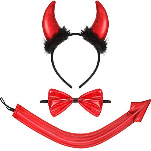 WILLBOND Devil Costume Accessory Set Halloween Devil Accessory Kit Costume for Creative Halloween Supplies Red Halloween Devil Ear Headband Horn Headband, Bow Tie and Tail