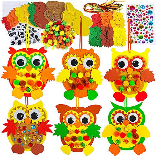 24 Sets Foam Owl Decorations DIY Owl Fall Craft Kit Assorted Foam Owl Shapes with Autumn Leaves Pumpkins Sunflower Googly Eyes Pom-Poms for Kids Halloween Thanksgiving Holiday Classroom Activities