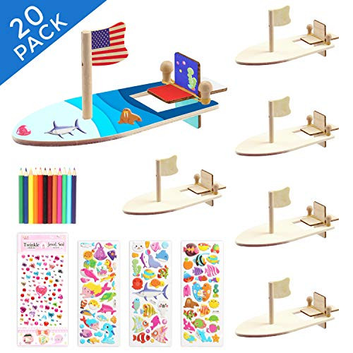 BAPHILE 12 Pack DIY Wood Sailboat Rubber Band Paddle Boat, Mini Boat Paint and Decorate Wooden Sailboat Craft Kits with Decorate Tools for Kids School Craft Decor Projects