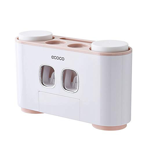 Automatic Toothpaste Dispenser?KKmoon Bathroom Toothbrush Holder Stand Wall-Mounted Toothbrush Holder with 2 Toothpaste Dispensers 4 Cups and 5 Toothbrush Slots Toiletries Storage Rack