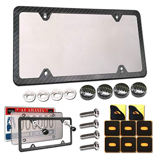 Aootf License Plate Cover Frame- Clear License Plates Shield and Black Metal Carbon Fiber License Plate Frame Combo, Unbreakable Frame Cover Flat to Protect Front or Rear License Plate & Screws,Caps