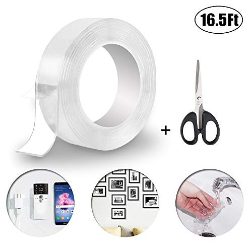 YBB 16.5Ft Reuasble Double-Sided Sticky Tape with Scissor, Traceless Washable Removable Adhesive Tape Sticky Strips for Household Office School Use