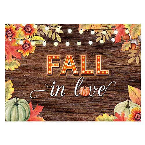 Funnytree 7x5ft Fall in Love Bridal Shower Party Backdrop for Photography Autumn Rustic Wooden Floor Background Glitter Lights Maple Leaves Wedding Anniversary Decorations Banner Photo Booth Props