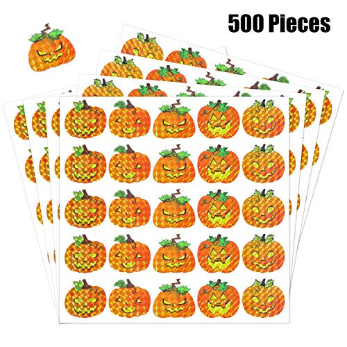 500 Pieces Prism Pumpkin Stickers Halloween Stickers Round Circle Face Stickers for Halloween Party Decoration, 5 Styles