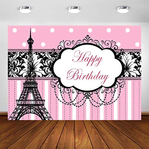Avezano 7x5ft Party in Paris Birthday Party Backdrop for Girls Eiffel Tower Birthday Banner Sweet Pink Stripes Black Paris Decorations Birthday Party Phootshoot Photography Background