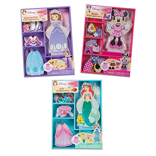 Melissa & Doug Disney Minnie Mouse, Sofia, and Ariel Magnetic Dress-Up Wooden Dolls Pretend Play Set