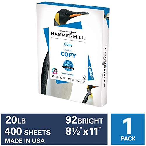 Hammermill 20lb Copy Paper, 8.5 x 11, 1 Pack, 400 Total Sheets, Made in USA, Sustainably Sourced From American Family Tree Farms, 92 Bright, Acid Free, Economical Multipurpose Printer Paper, 150200R