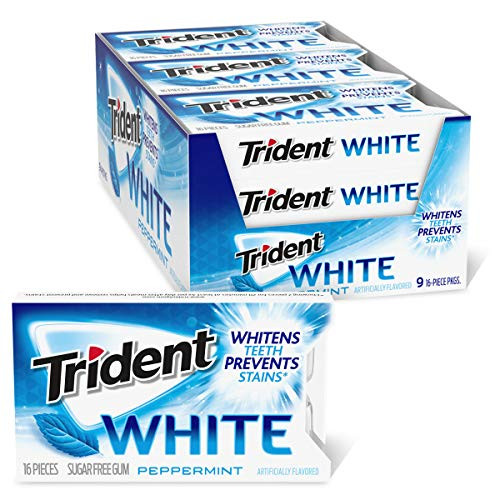 Trident White Peppermint Sugar Free Gum, 9 Packs of 16 Pieces (144 Total Pieces)