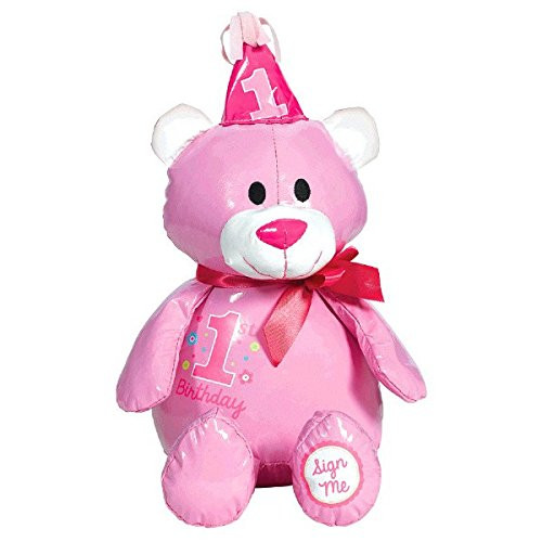 amscan Pretty in Pink Sweet 1st Birthday Party Autograph Bear, Pink, Vinyl, 14 1/2" x 7 1/2", 1-Piece