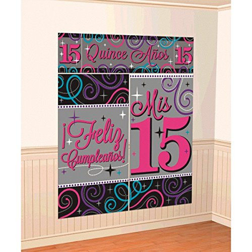 Elegant Mis Quince Años Scene Setters Wall Decorating Kit Birthday Party Decorations (5 Pack), Pink/Gray, 59" x 65".