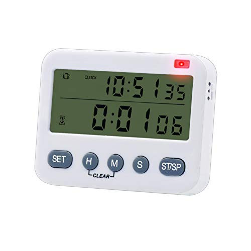 Digital Kitchen Timer, 100H Count UP/Down Cooking Timer, Large Display, Vibration/Flashlight/Loud Alarm, 24-Hour Clock & Alarm Clock, Magnetic Backing, Stand, for Cooking Baking Sports Games Office