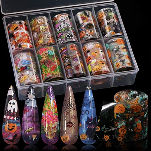 10 Colors Halloween Nail Foil Transfer Sticker, Kissbuty Halloween Nail Art Stickers Tips Wraps Foil Transfer Adhesive Glitters Acrylic DIY Nail Decoration (Halloween Pumpkin Skull) 10 Colors Halloween Nail Foil Transfer Sticker, Kissbuty Halloween Nail Art Stickers Tips Wraps Foil Transfer Adhesive Glitters Acrylic DIY Nail Decoration (Halloween Pumpkin Skull)