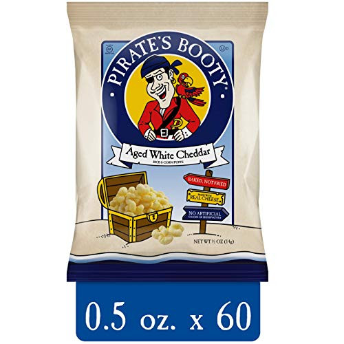 Pirate's Booty Cheese Puffs, Healthy Kids Snacks, Aged White Cheddar Baked Rice & Corn Puffs, 0.5oz (Pack of 60)