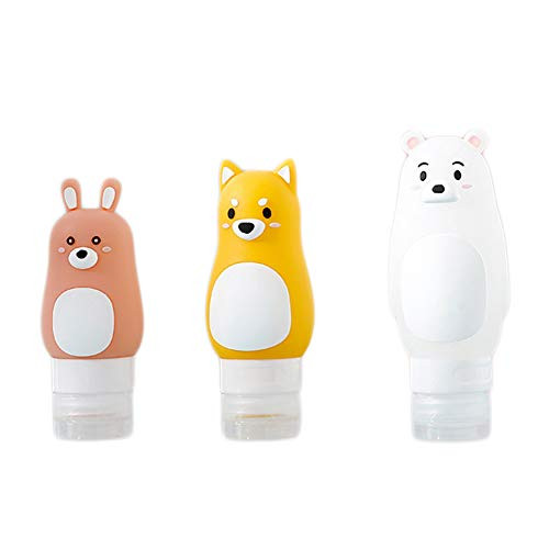 3 Pack Silicone Travel Bottles Set, HYCOPROT Portable Leak Proof Cute Refillable Travel Toiletries Containers for Shampoo, Conditioner, Lotion Travel Accessories (Animals)