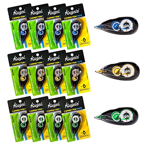 KUGELZ School and Office White Correction Tape | Bulk Pack of 12 Dispenser, Translucent Body  Film-Based Eraser, Dry Application, Instant Write-Over  for Papers and Handwritten  1/5 Inch x 19.7 ft