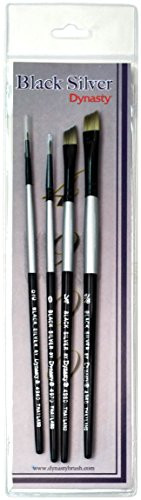 F & M Brush Company Angle 1/4 & 3/8, Round 0, Liner 5/0 Black Silver Short Handle Brush Set 4/Pkg