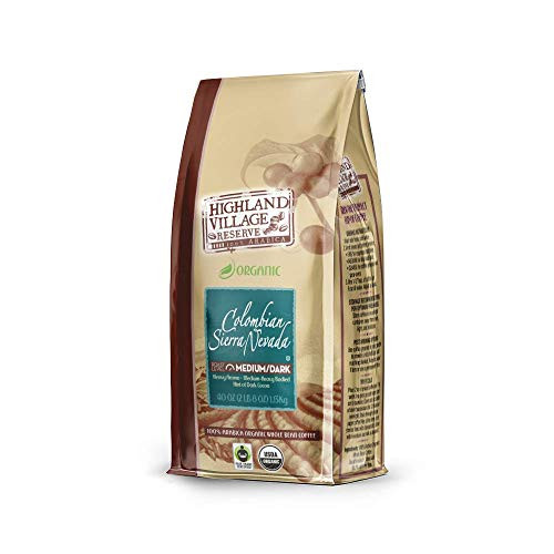 Highland Village Reserve Whole Bean Coffee, Colombian Sierra Nevada, Medium-Dark Roast, 40 Ounce Bag | USDA Organic, Fair Trade, 100% Arabica Coffee Beans