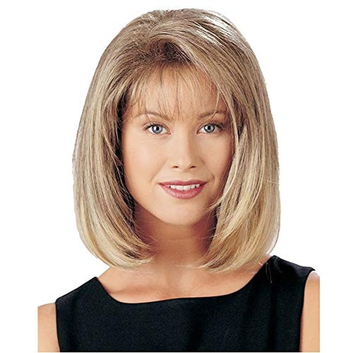 GNIMEGIL Ombre Light Blonde Straight Hair Replacement Wigs Long Bob Hairstyles Synthetic Wigs with Air Bangs Halloween Costume Party Full Wigs for Women