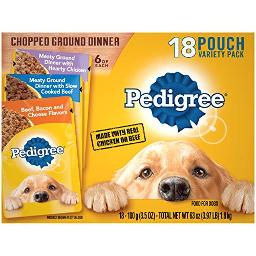 PEDIGREE Chopped Ground Dinner Adult Soft Wet Meaty Dog Food With Hearty Chicken, Slow Cooked Beef, and Beef, Bacon & Cheese Variety Pack, (18) 3.5 oz. Pouches PEDIGREE Chopped Ground Dinner Adult Soft Wet Meaty Dog Food With Hearty Chicken, Slow Cooked Beef, and Beef, Bacon & Cheese Variety Pack, (18) 3.5 oz. Pouches