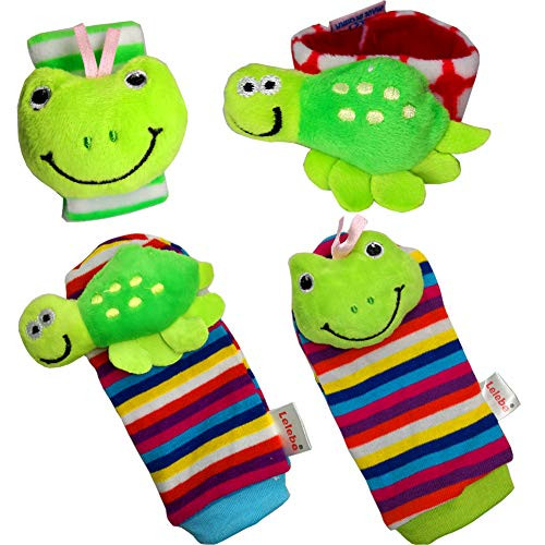 COSMARK Baby Wrist Rattles, Infant Baby Animal Wrist Rattles and Foot Finder Socks Set (4 Packs) (Frog)