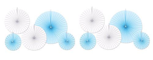 Beistle 10 Piece Accordion Paper Fans, Assorted Sizes, Light Blue/White