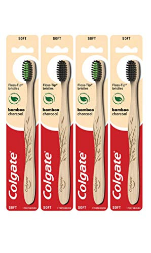 Colgate Charcoal Bamboo Toothbrushes, Eco Friendly Natural Bamboo Handle, Soft - 4 Count