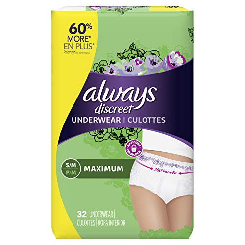 Always Discreet, Incontinence & Postpartum Underwear for Women, Maximum, Small / Medium, 32 Count